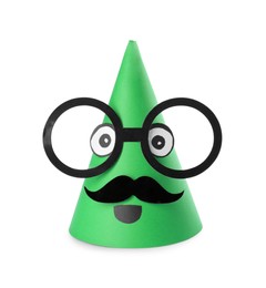 Photo of Funny party hat with glasses and mustache isolated on white. Handmade decorations