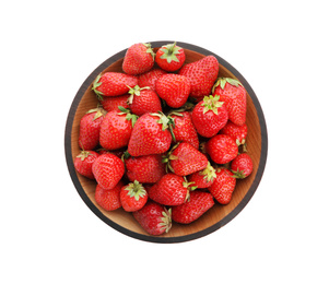 Photo of Ripe strawberries in bowl isolated on white, top view