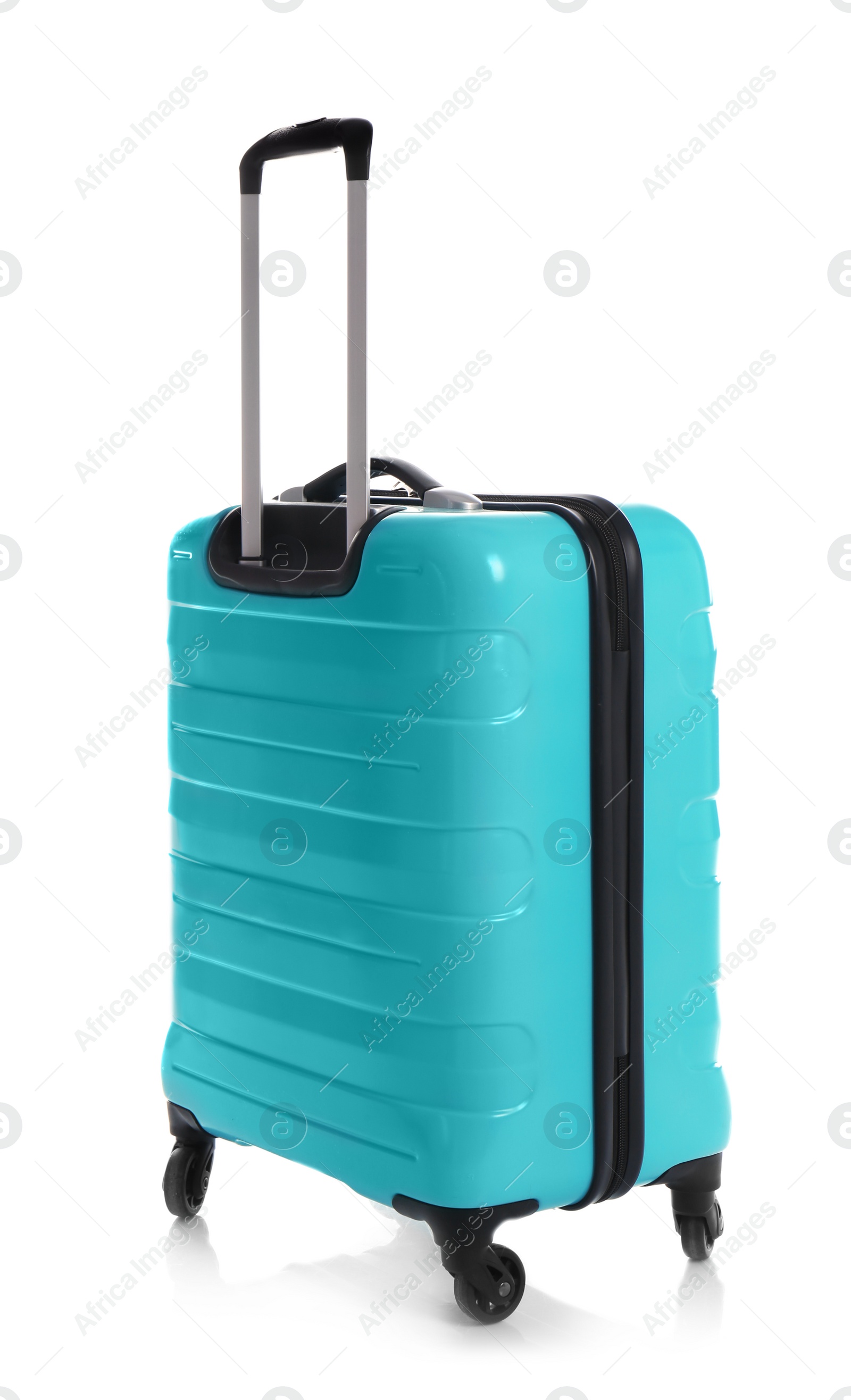 Photo of Modern suitcase for travelling on white background