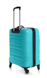 Modern suitcase for travelling on white background