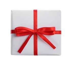 Photo of Beautiful gift box with red bow isolated on white, top view