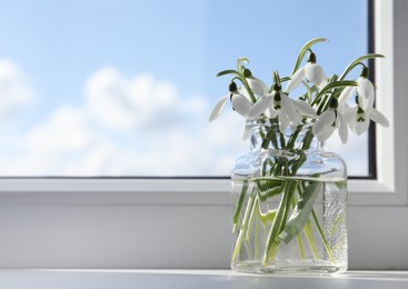 Beautiful snowdrop flowers in glass jar on windowsill, space for text