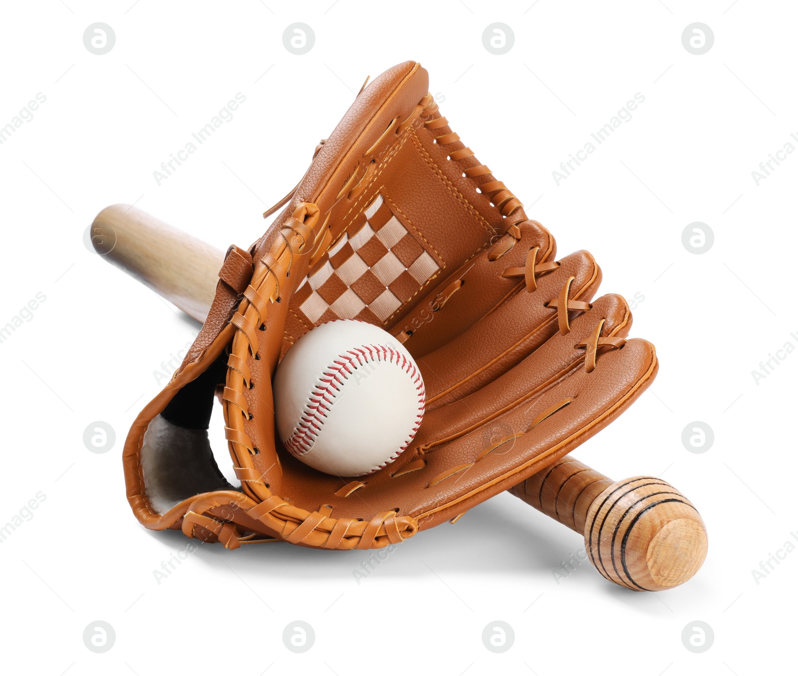 Photo of Wooden baseball bat, ball and glove isolated on white