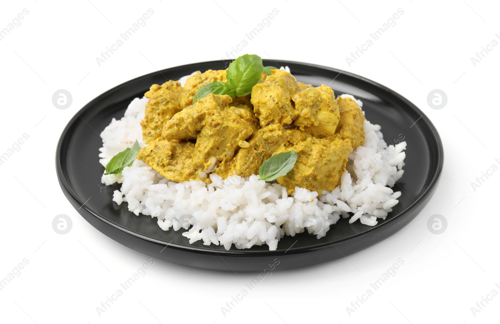 Photo of Delicious rice and chicken with curry sauce isolated on white