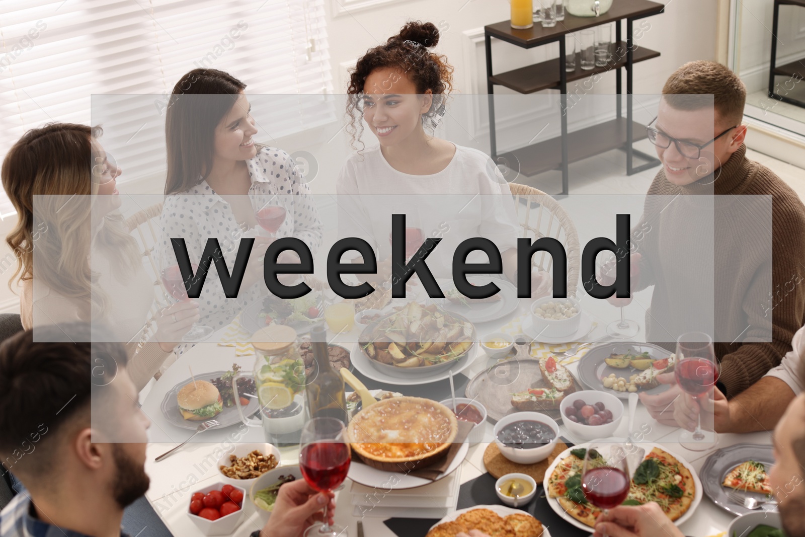 Image of Hello Weekend. Group of friends having brunch together at table indoors