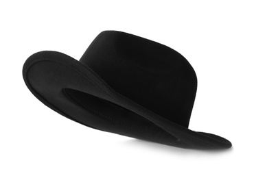 Photo of Black hat isolated on white. Stylish accessory