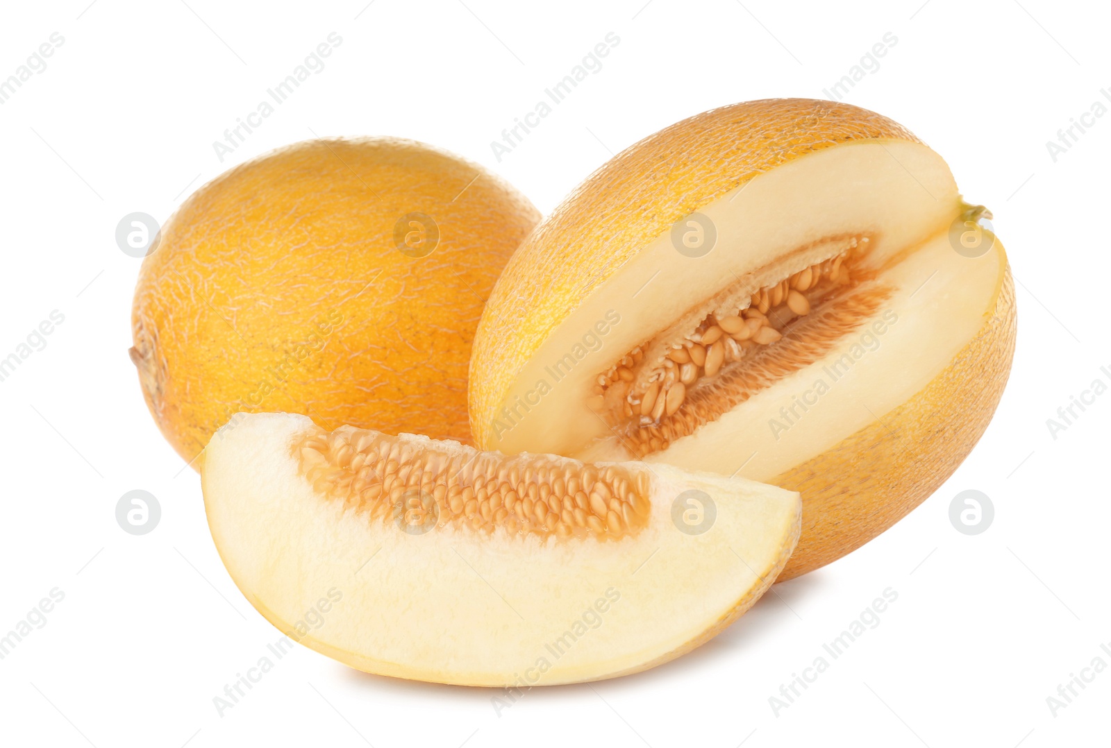 Photo of Whole and sliced tasty ripe melons on white background