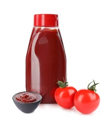 Image of Tasty ketchup and fresh ripe tomatoes on white background