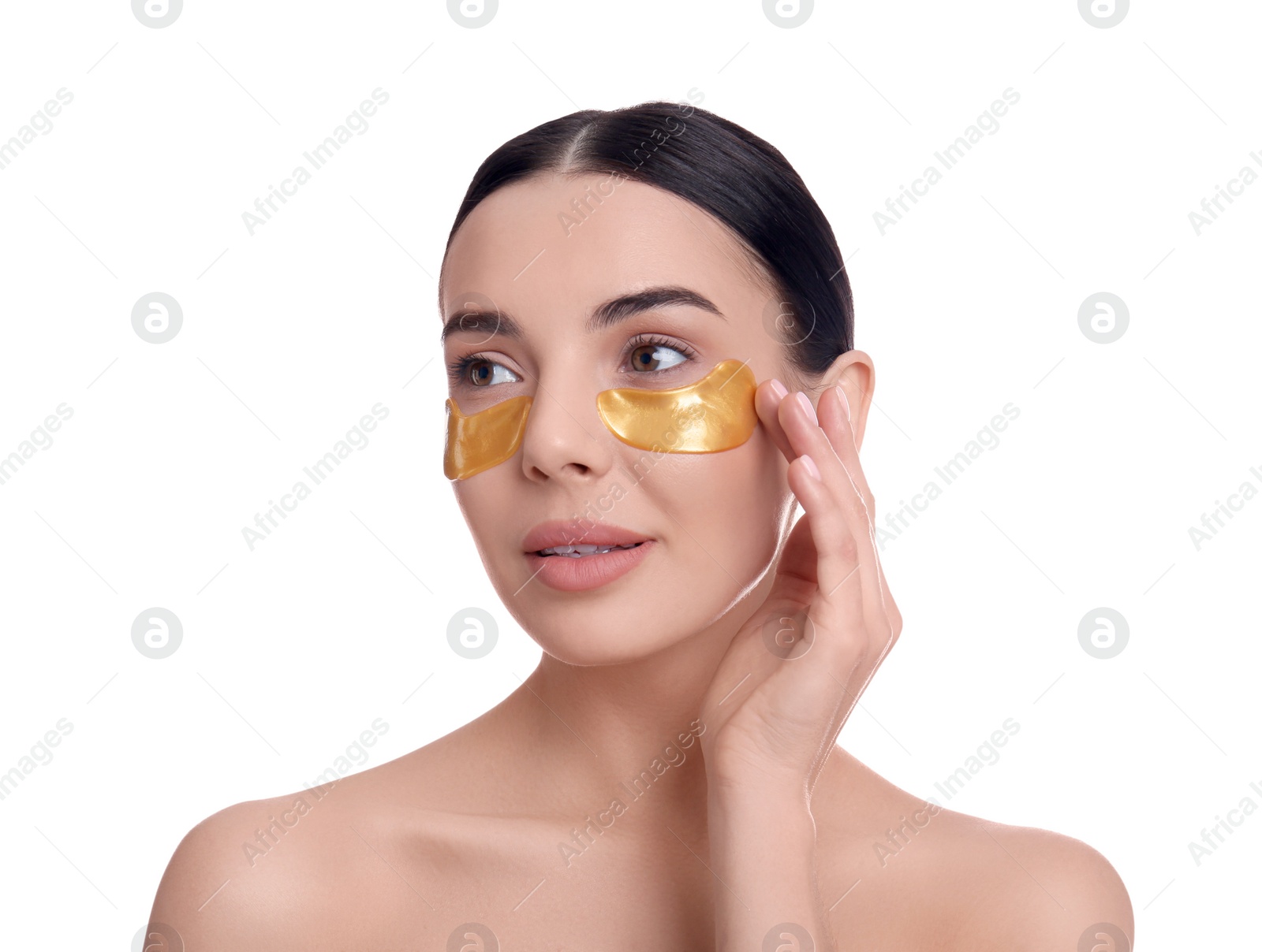 Photo of Beautiful young woman with under eye patches on white background