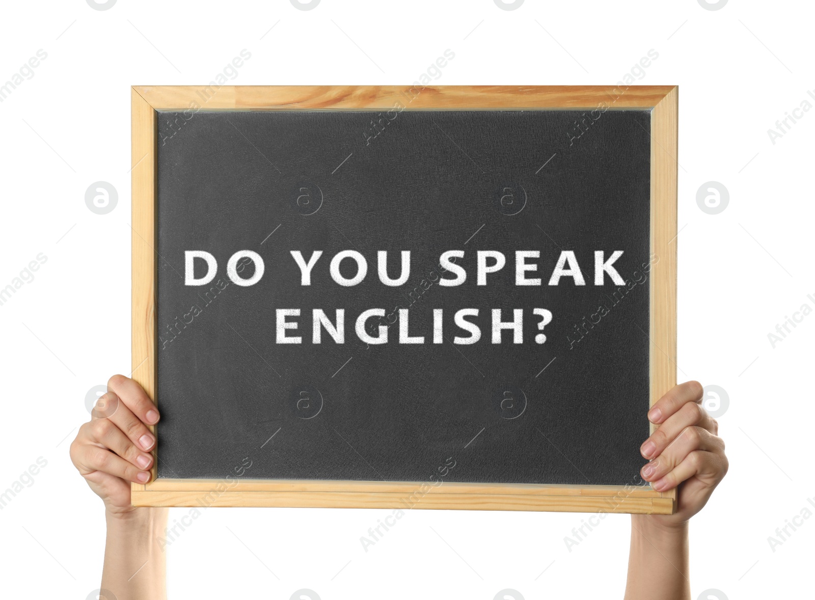 Image of Woman holding blackboard with text Do You Speak English on white background, closeup
