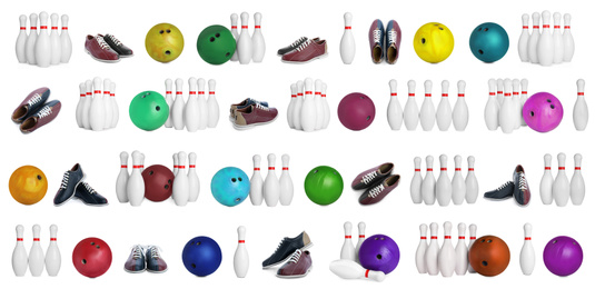 Image of Set of bowling balls, pins and shoes on white background