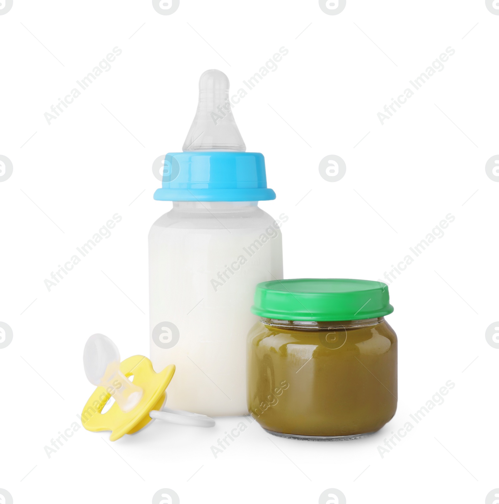 Photo of Healthy baby food, bottle with milk and pacifier on light grey background