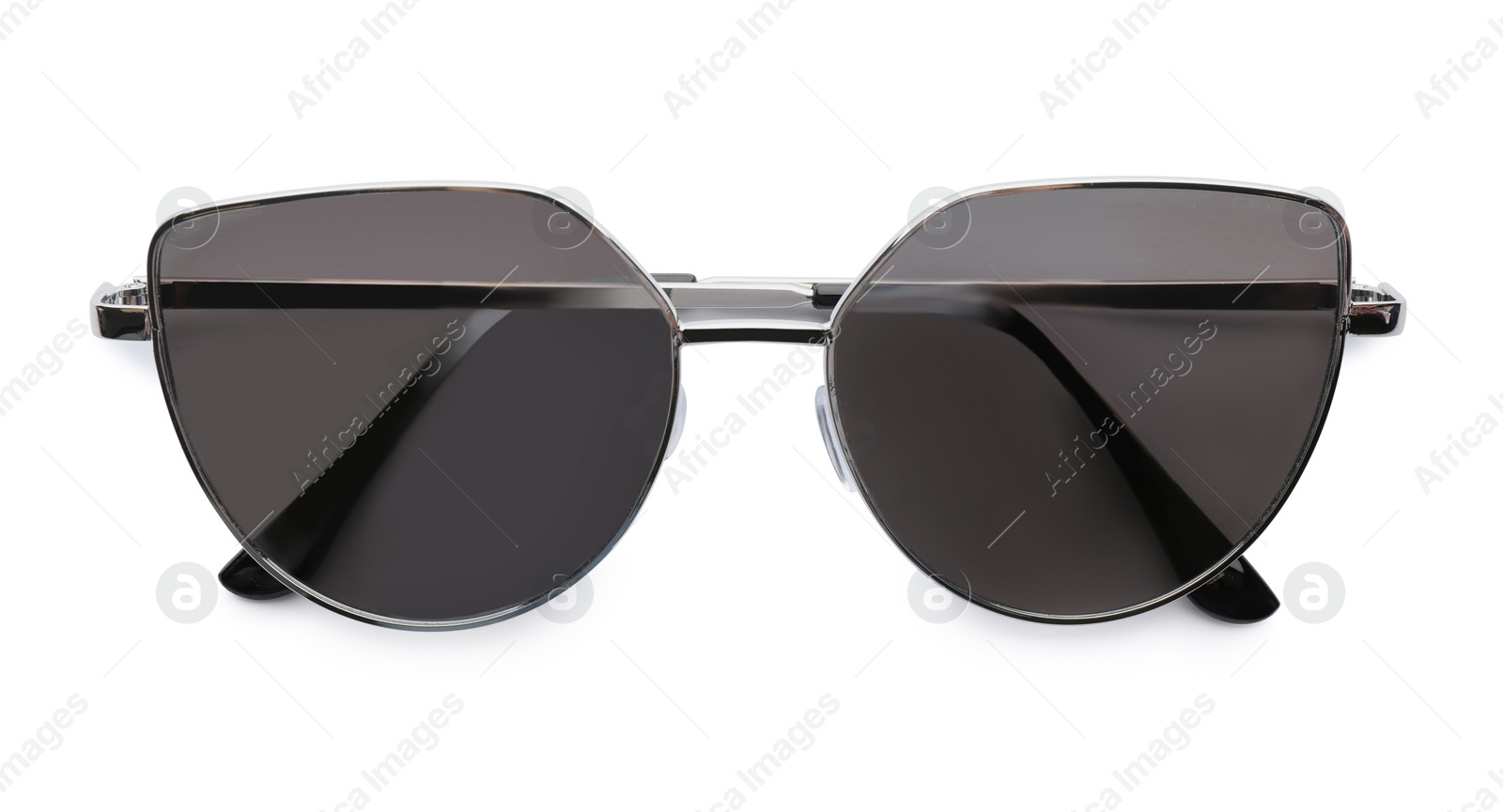 Photo of Stylish sunglasses on white background, top view. Beach object