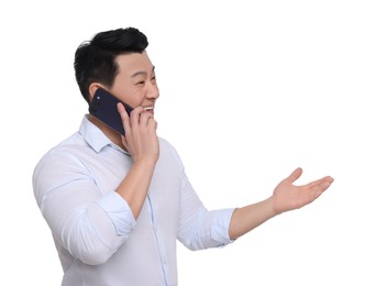 Photo of Businessman in formal clothes talking on phone against white background