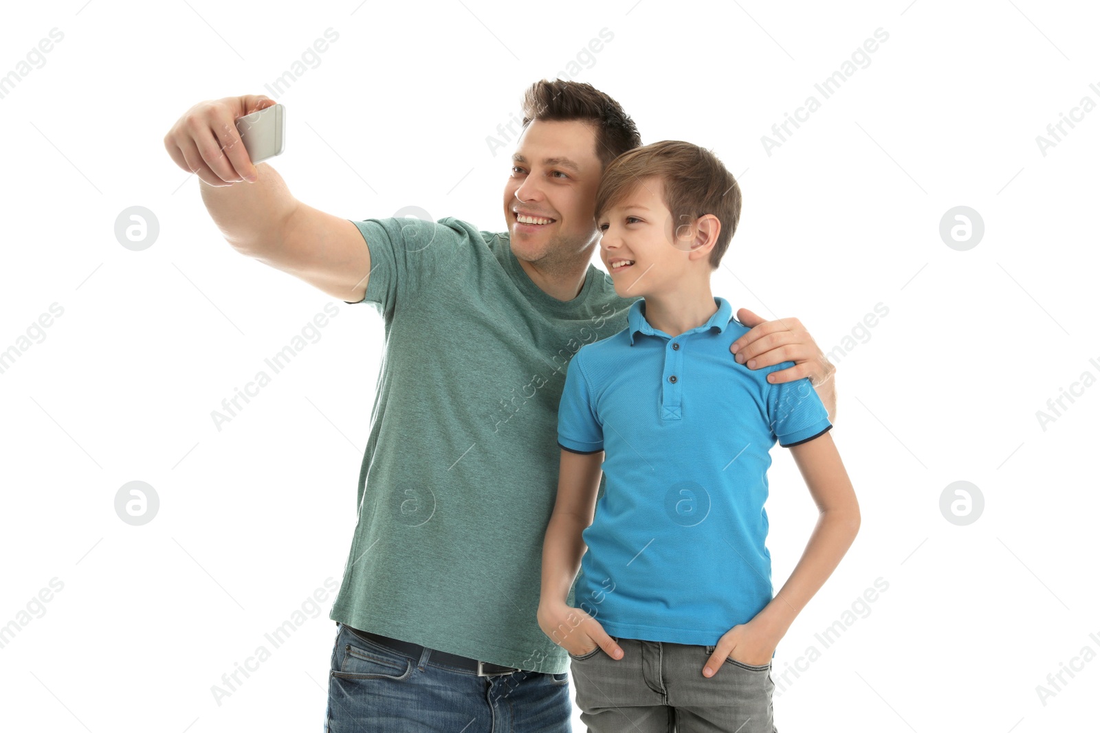 Photo of Dad and his son taking selfie on white background