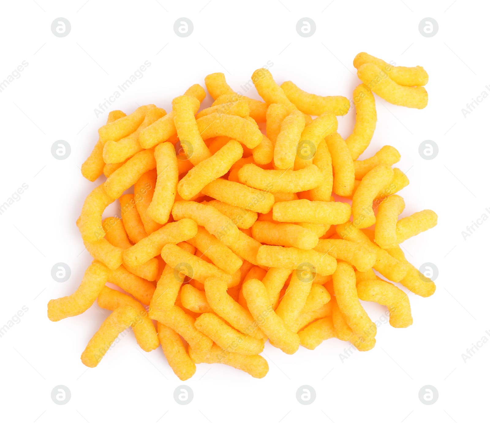 Photo of Many tasty cheesy corn puffs isolated on white, top view