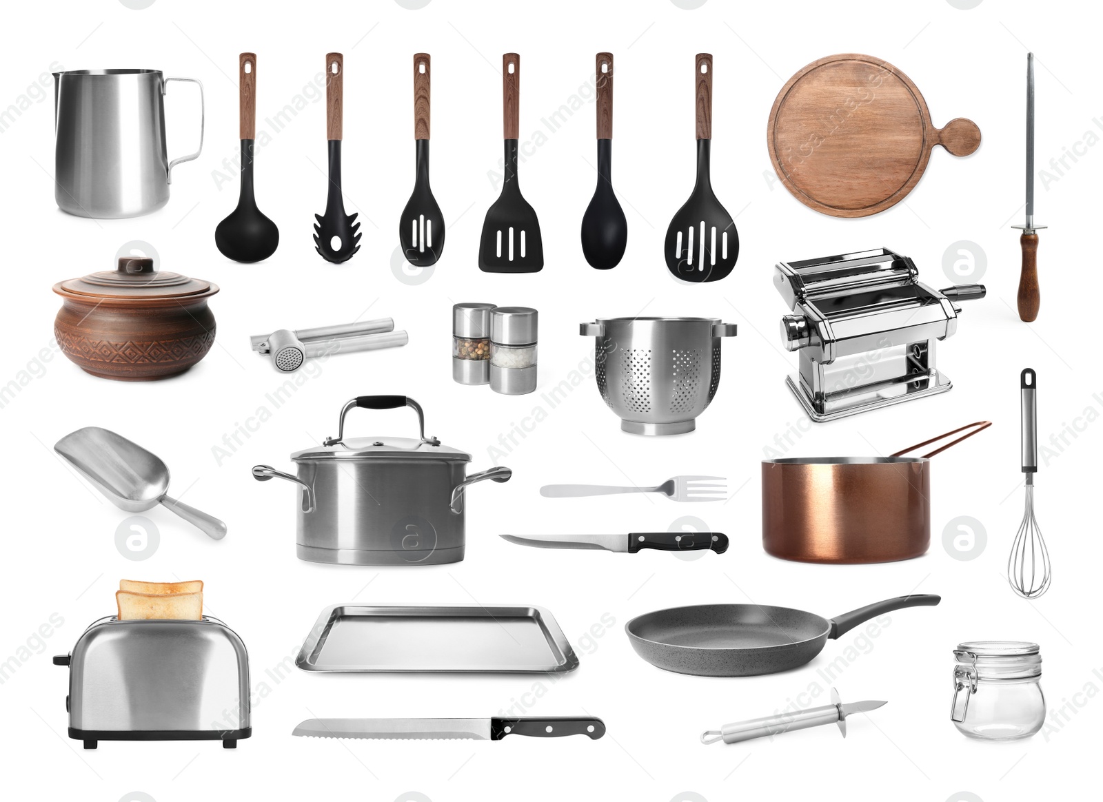 Image of Set with different kitchenware on white background 