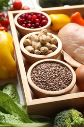 Raw chicken, seeds, nuts, berries and other healthy food, closeup