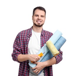 Photo of Man with wallpaper rolls and roller on white background