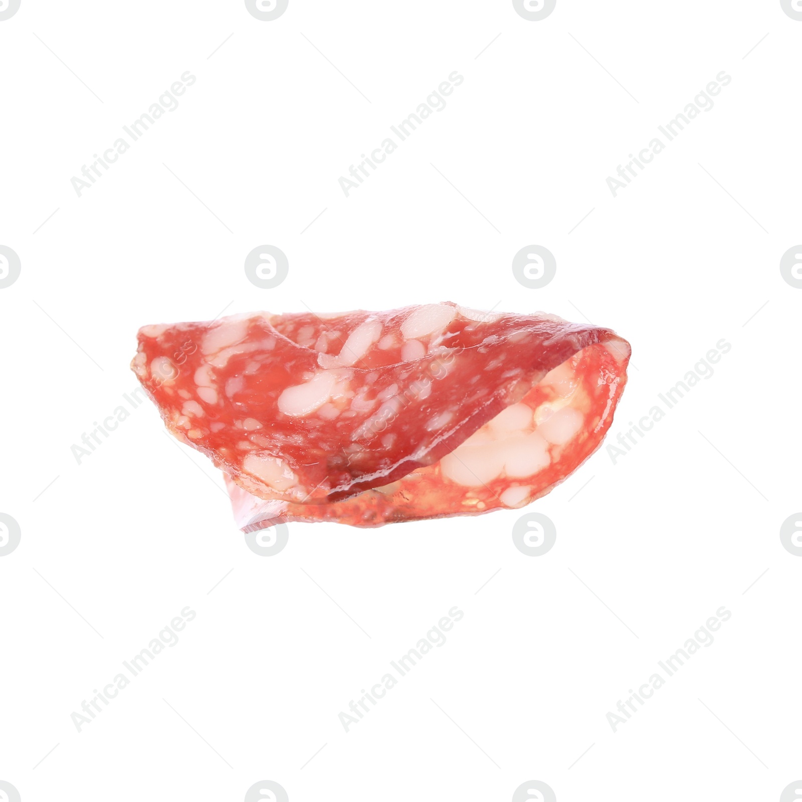 Photo of Slice of delicious smoked sausage isolated on white