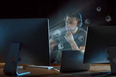 Image of Speed internet. Concentrated man working with computer at table. Motion blur effect symbolizing fast connection