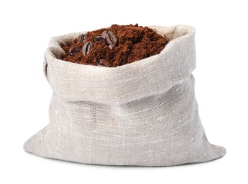 Photo of Bag with ground coffee and roasted beans on white background