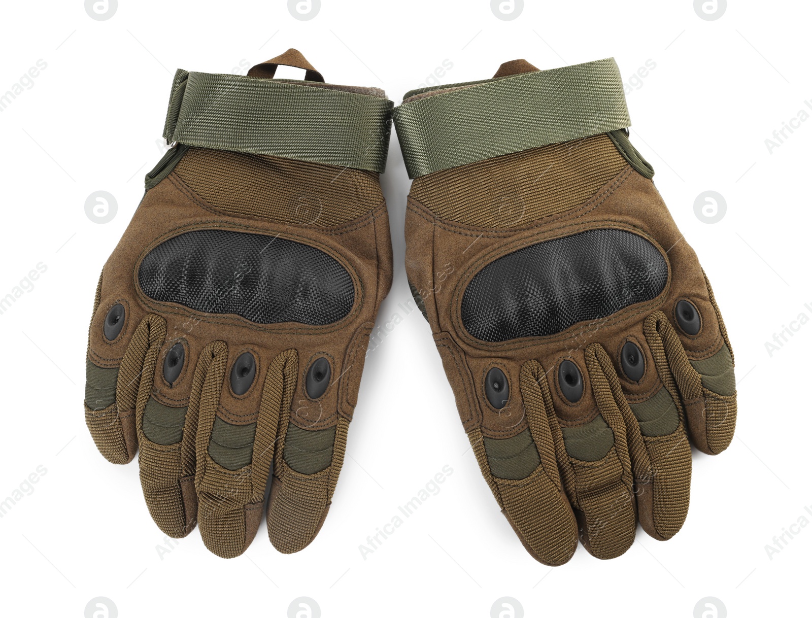 Photo of Tactical gloves on white background, top view. Military training equipment