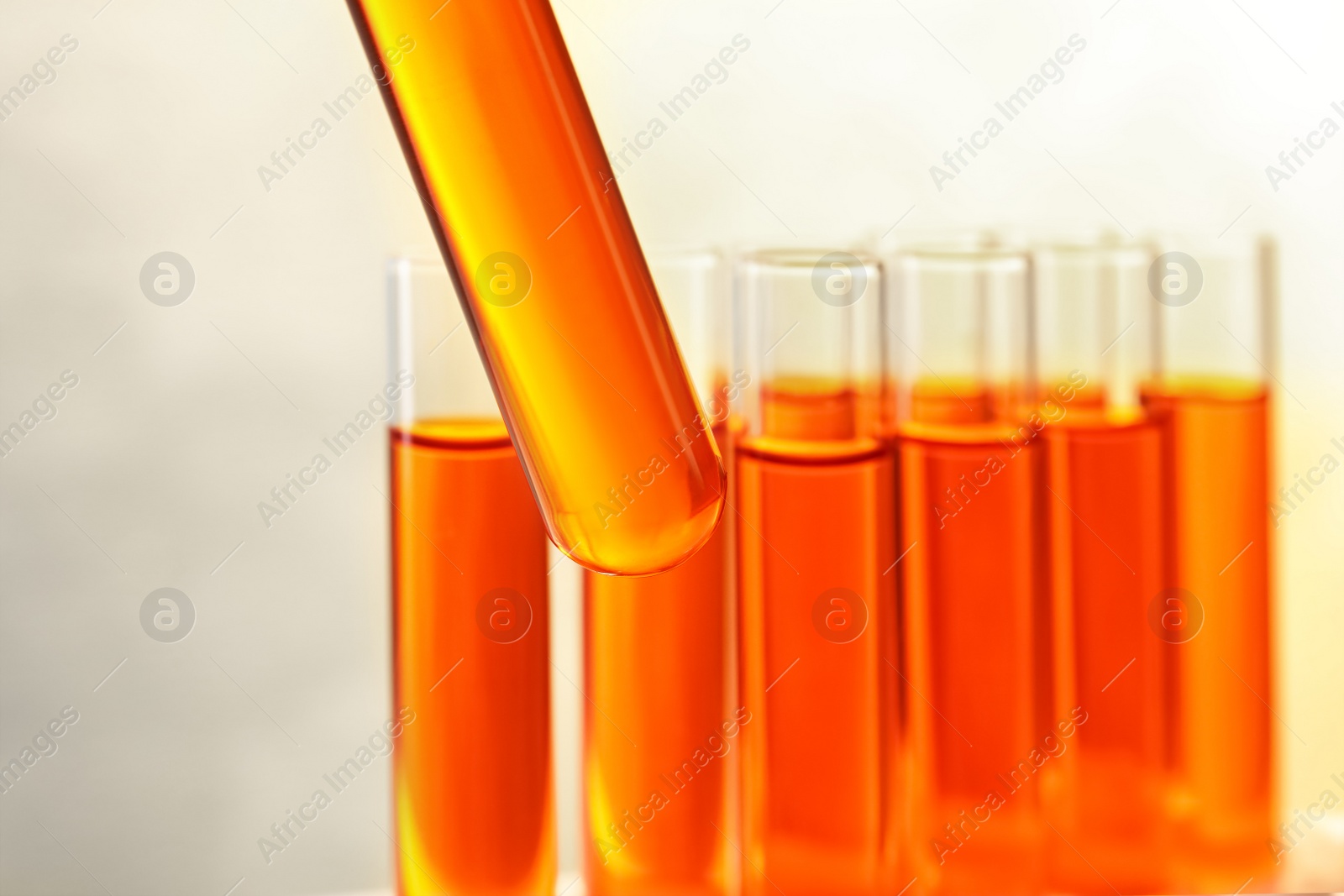 Photo of Taking test tube with liquid sample, closeup