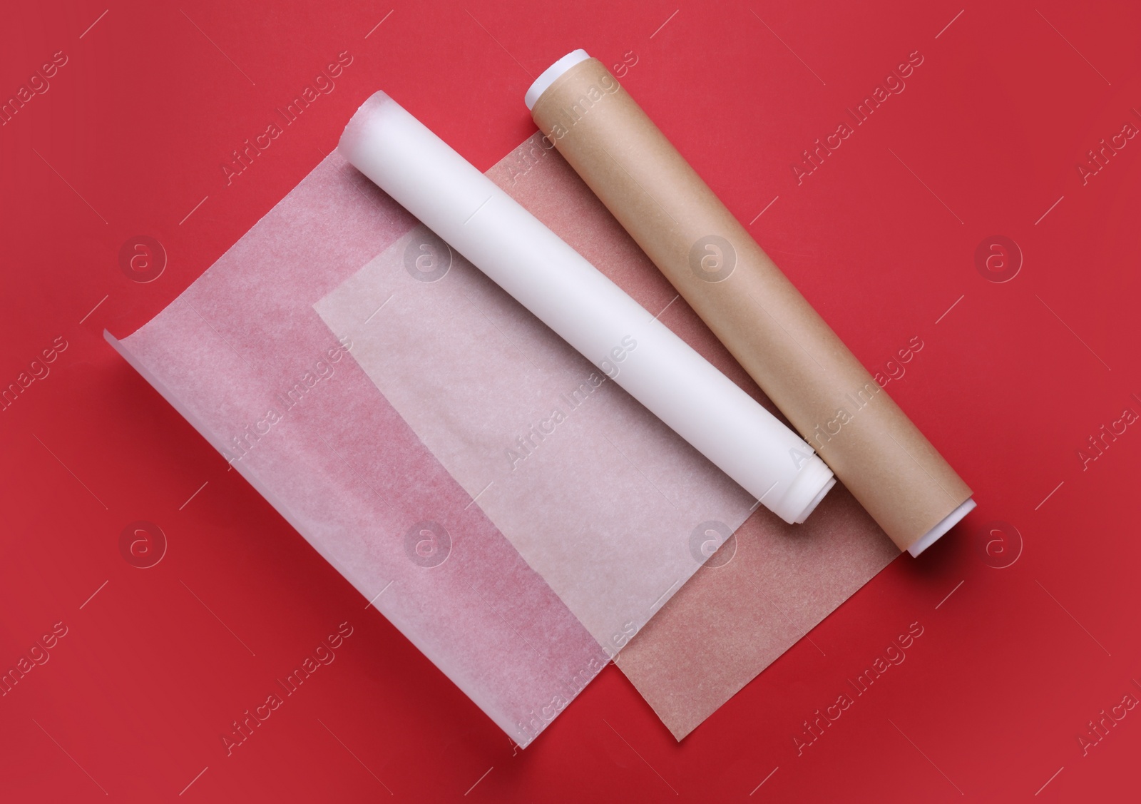 Photo of Rolls of baking paper on red background, top view