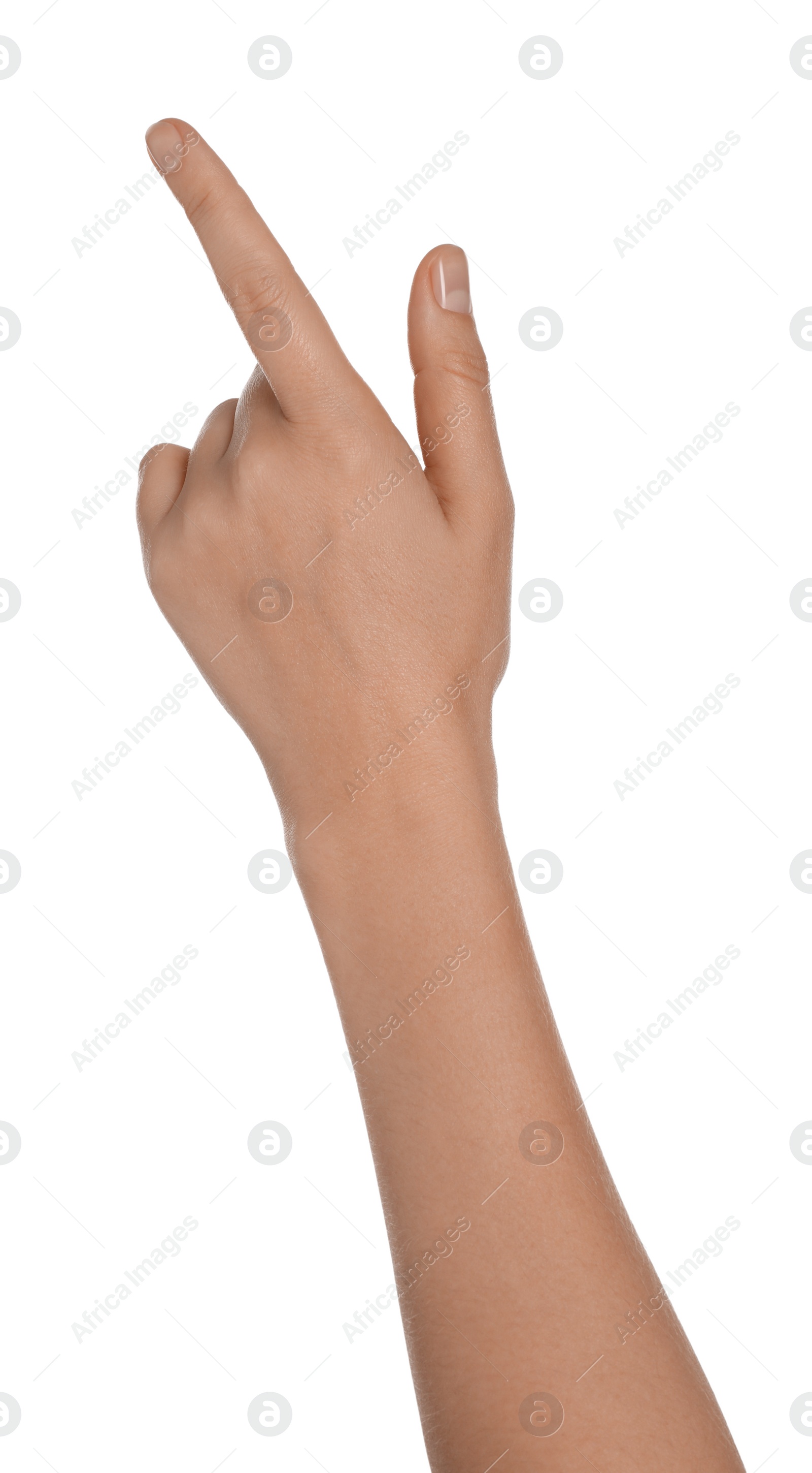 Photo of Woman pointing at something on white background, closeup of hand