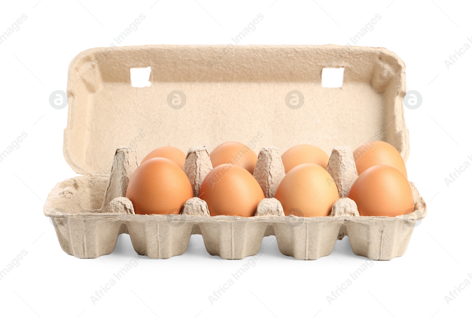 Photo of Chicken eggs in carton isolated on white