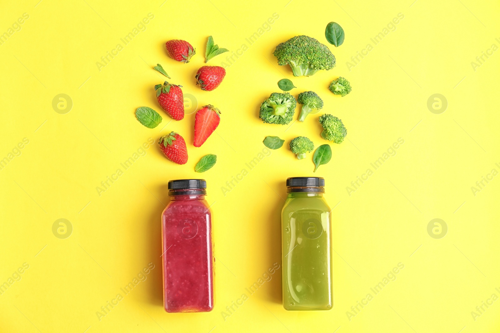 Photo of Flat lay composition with healthy detox smoothies and ingredients on color background