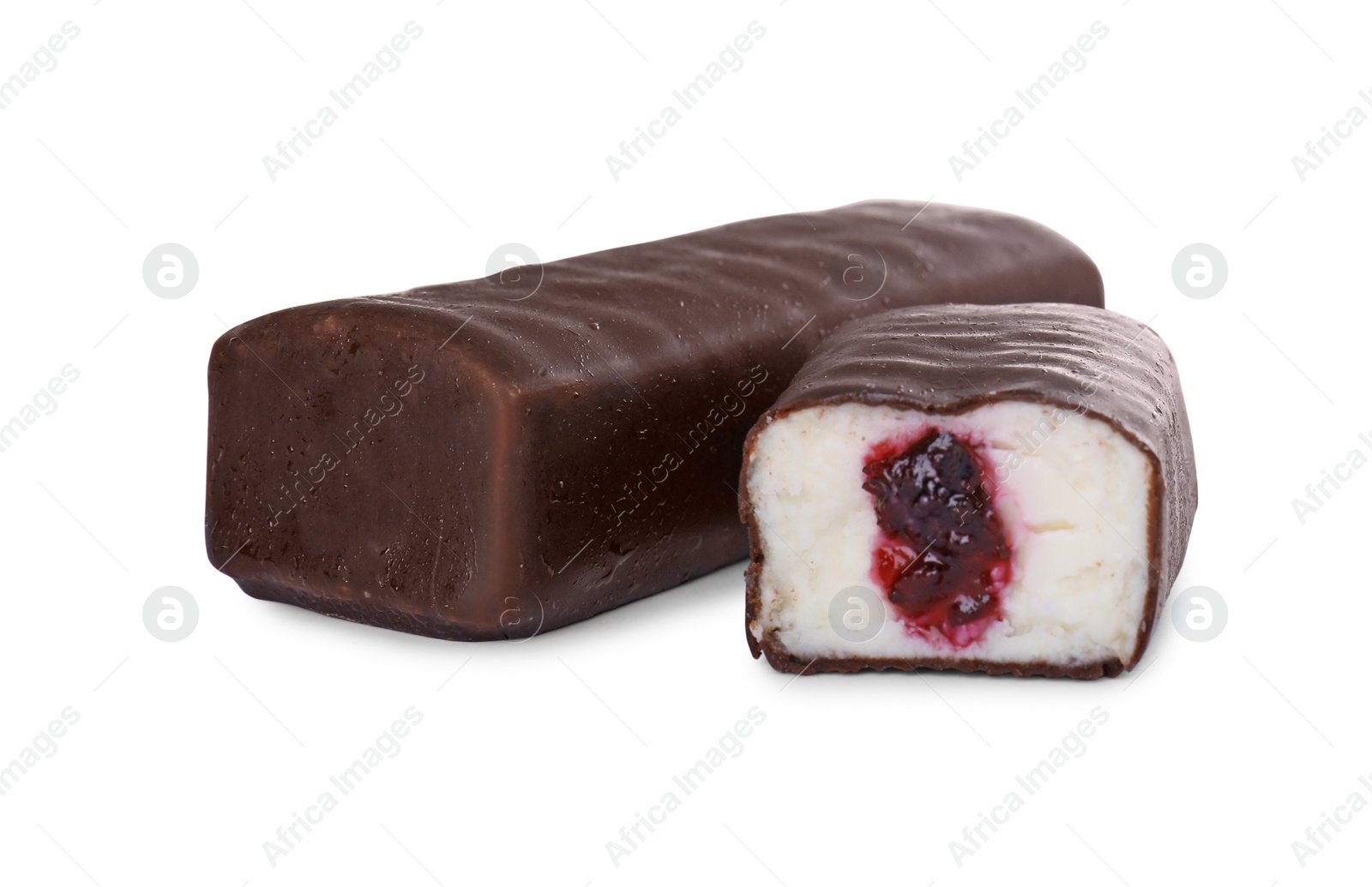 Photo of Cut and whole glazed curds with berry filling isolated on white