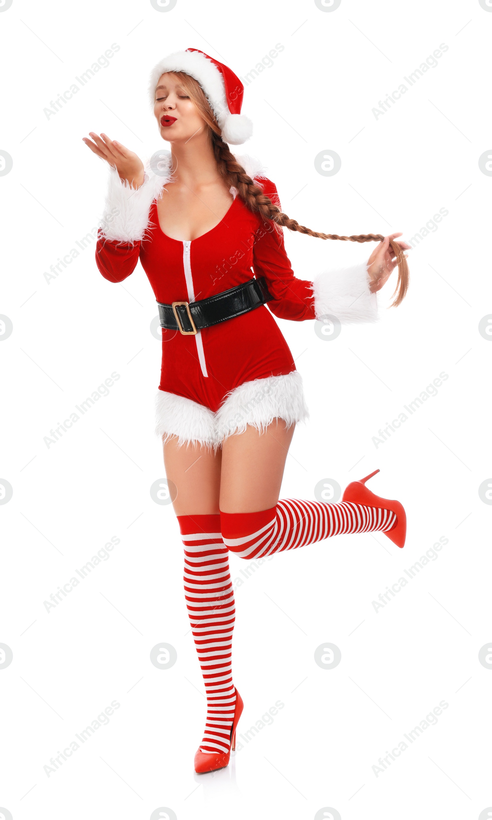 Photo of Beautiful Santa girl on white background. Christmas eve