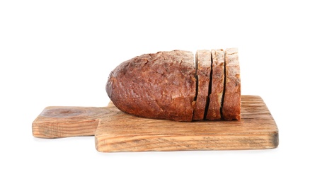 Wooden board with tasty bread on white background