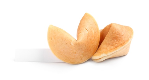 Traditional fortune cookies with prediction on white background