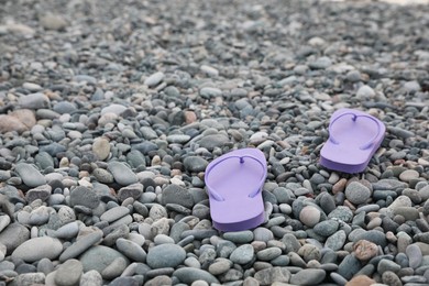 Photo of Stylish violet flip flops on pebble seashore. Space for text