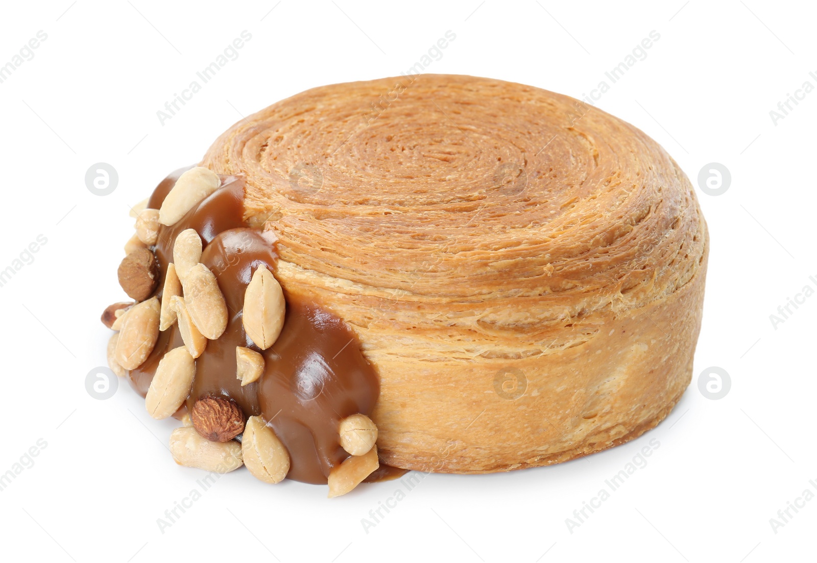 Photo of Round croissant with chocolate paste and nuts isolated on white. Tasty puff pastry