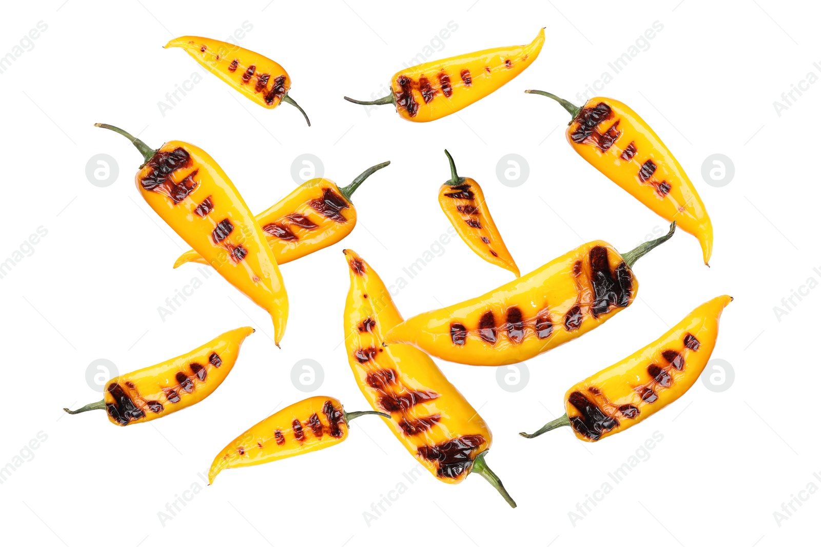 Image of Grilled peppers in air on white background