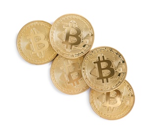 Pile of bitcoins isolated on white, top view. Digital currency