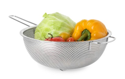 Photo of Metal colander with different wet vegetables isolated on white