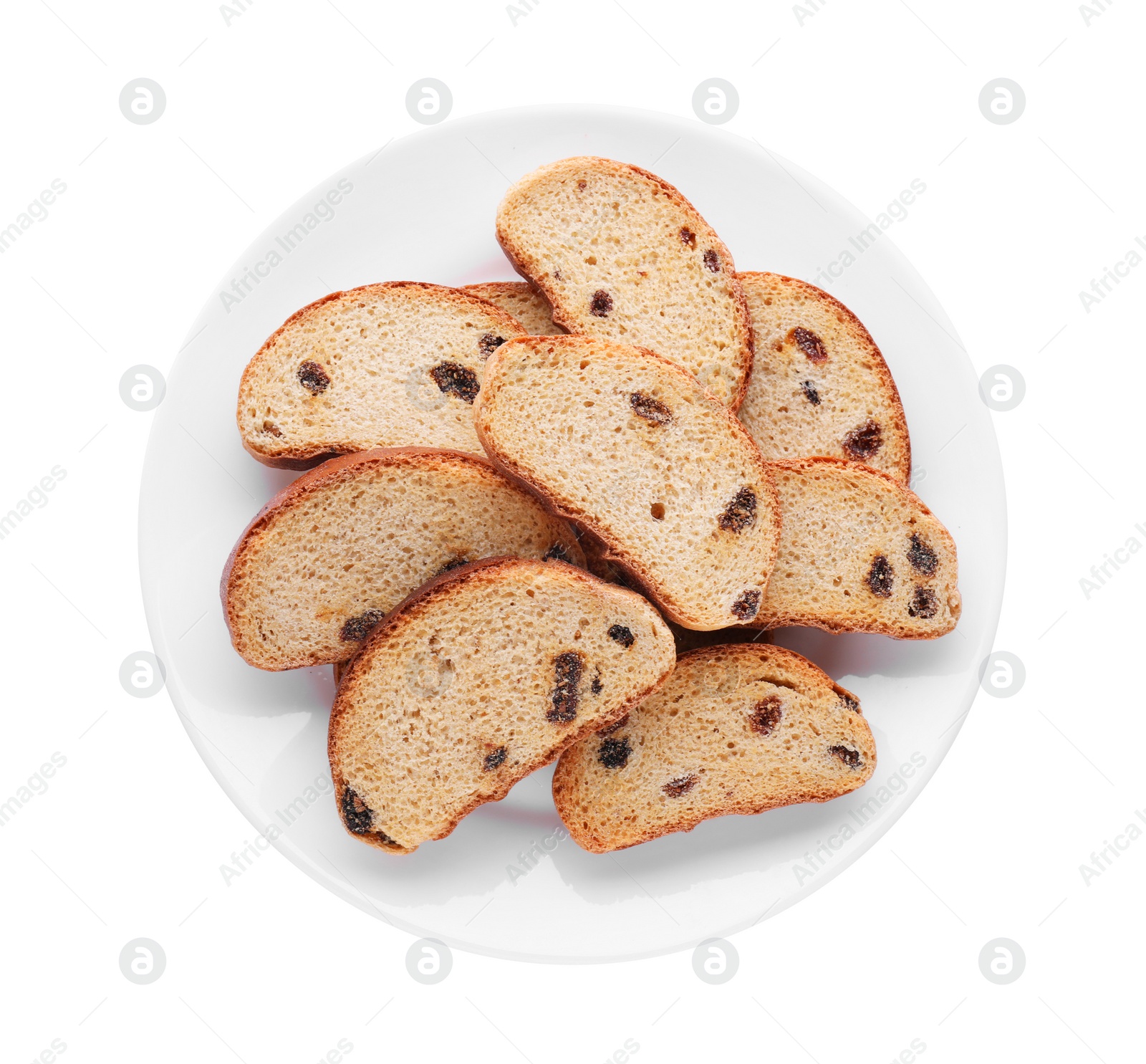 Photo of Plate of sweet hard chuck crackers with raisins on white background, top view