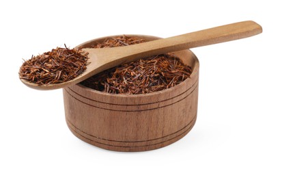 Photo of Rooibos tea in bowl and spoon isolated on white