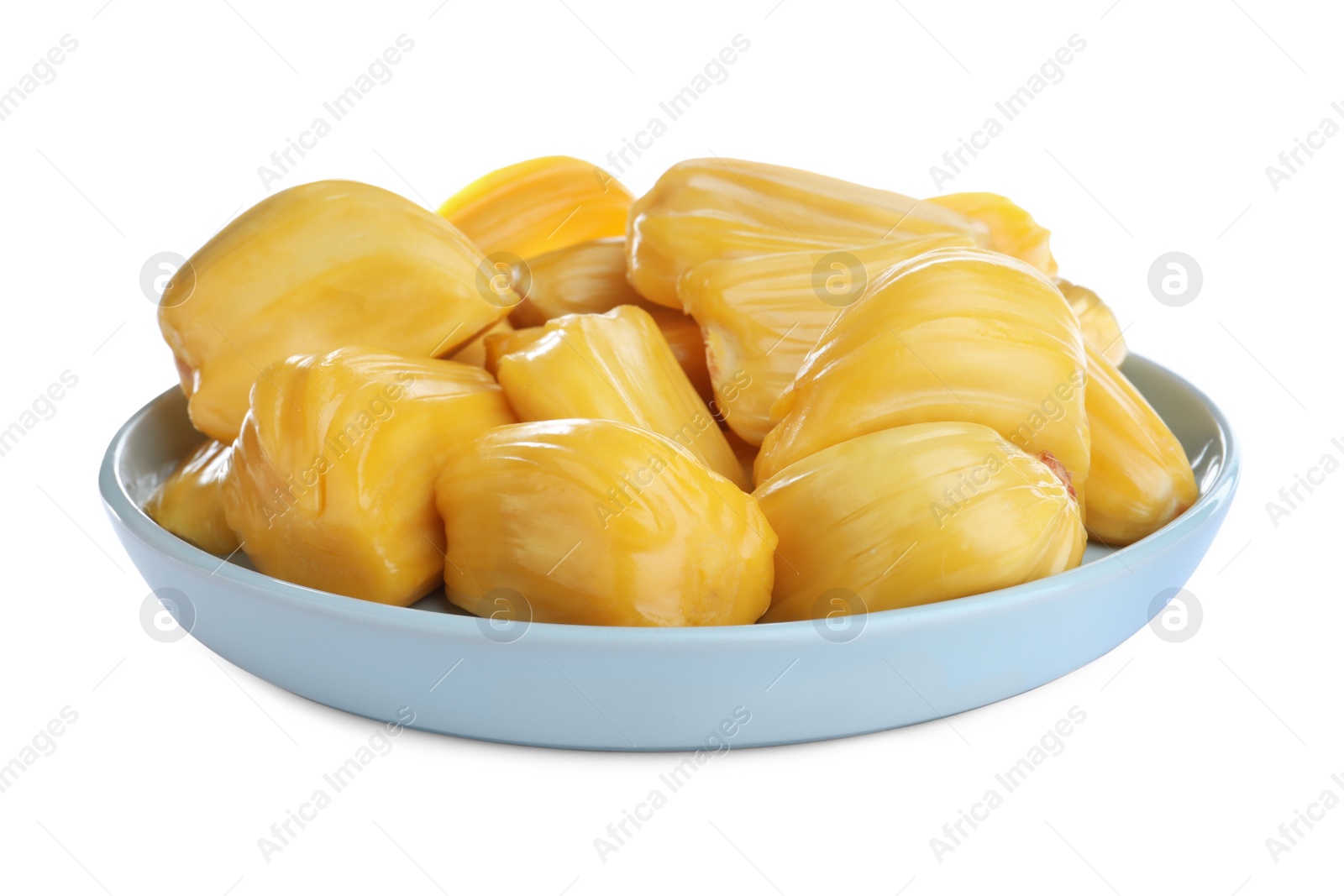 Photo of Delicious jackfruit bulbs in plate isolated on white