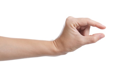 Photo of Woman holding something in hand on white background, closeup