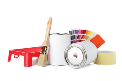 Photo of Set of painting tools on white background. Mockup for design