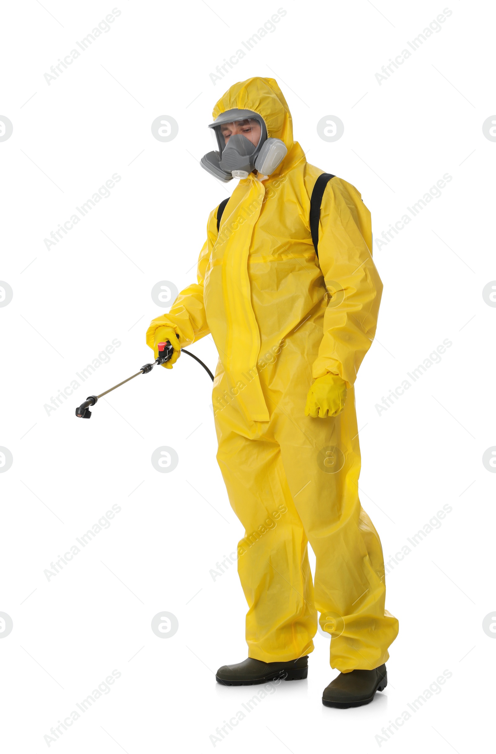 Photo of Man wearing protective suit with insecticide sprayer on white background. Pest control