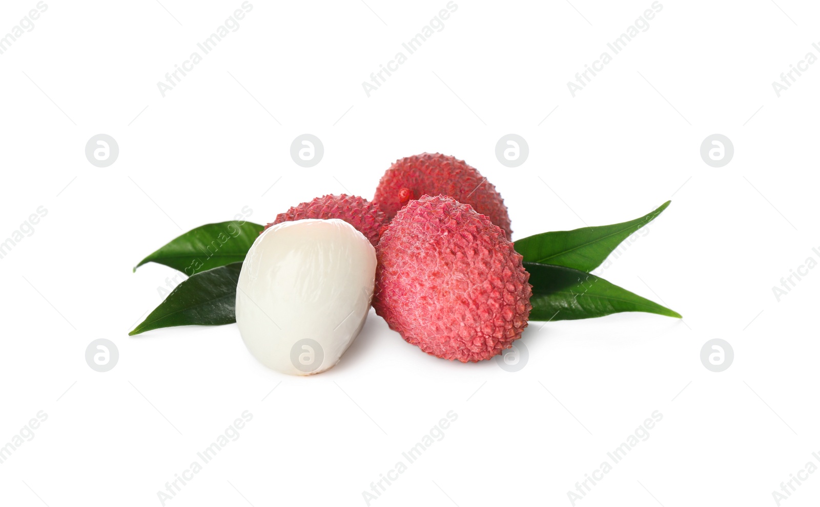 Photo of Fresh ripe lychees with green leaves on white background