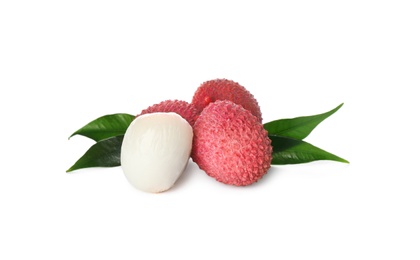 Photo of Fresh ripe lychees with green leaves on white background