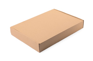 Photo of Closed cardboard box on white background. Mockup for design